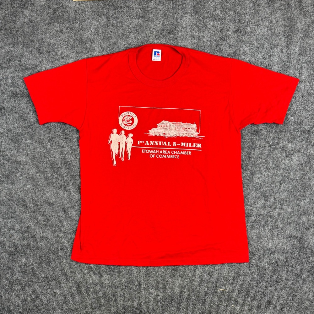 Russell Athletic T-Shirt Mens Size L Red Vintage Hardees 5-Miler USA Made Cotton